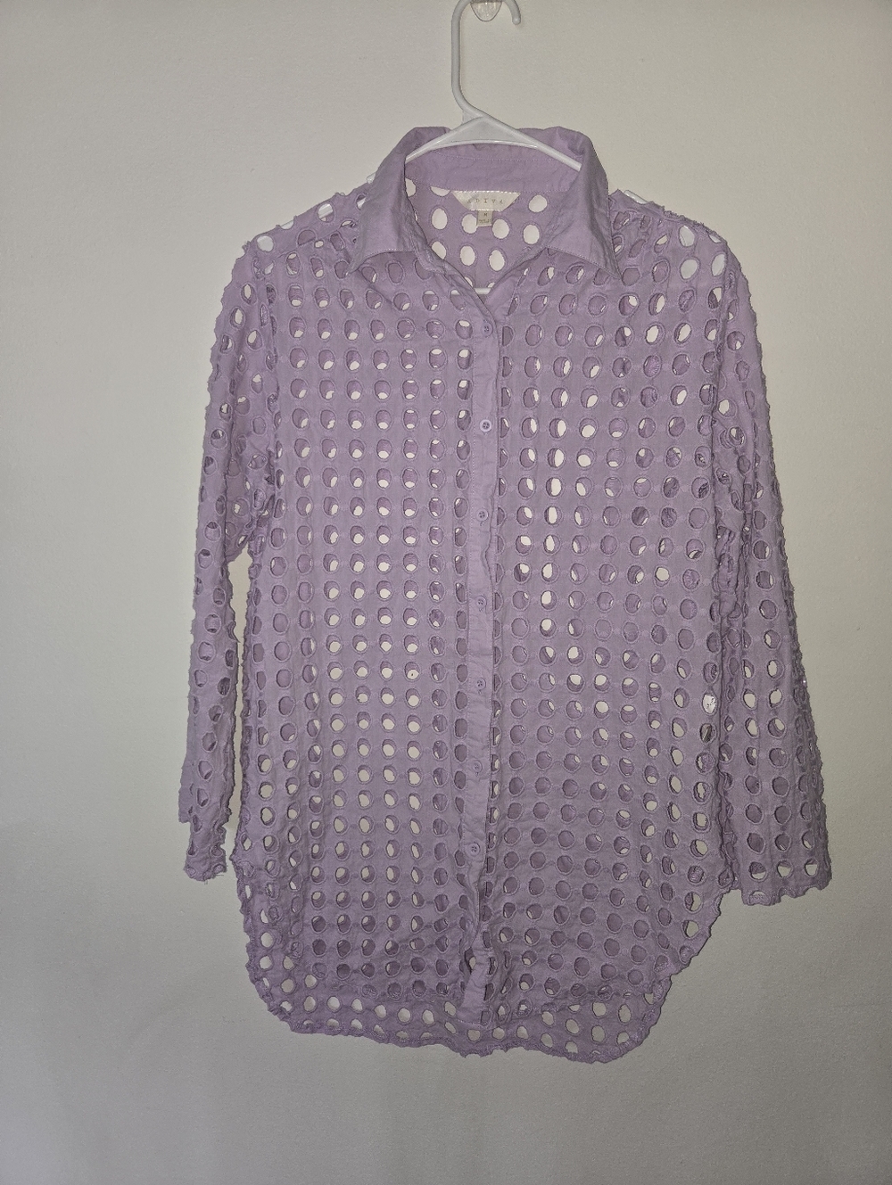 Adiva Lilac Lavender Eyelet Lace Button Down Tunic Shirt - Size M